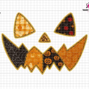 May include: A patchwork Halloween jack-o'-lantern face with a gold glitter border. The eyes are triangles with orange and black patterned fabric. The mouth is a jagged line with various Halloween-themed patterns, including pumpkins and spiderwebs. The text "Only PNG" is in the upper left.