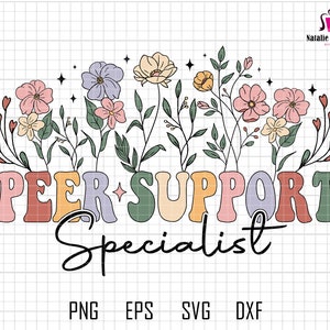 May include: A colorful graphic design with the text "PEER SUPPORT Specialist" in a retro font. The text is surrounded by a border of flowers and leaves in shades of pink, purple, yellow, and green.