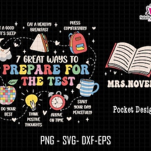May include: A black graphic with the text "7 Great Ways to Prepare for the Test" and illustrations of a moon, sandwich, backpack, apple, lightbulb, clock, mug, and open book. The text "MRS.NOVELL" is also present.
