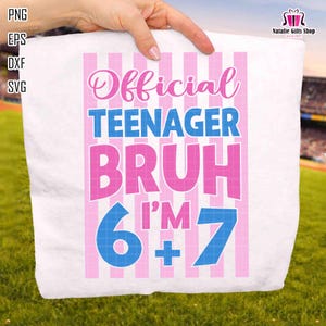 May include: White pillowcase with pink vertical stripes and the text "Official Teenager Bruh I'm 6+7" in pink and blue. The pillowcase is held up by a hand, with a green grassy background.