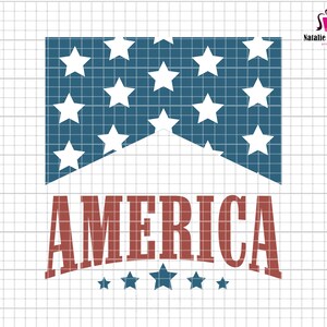 May include: A red, white, and blue American flag design with the word "AMERICA" in red letters below. There are five small stars below the word "AMERICA".