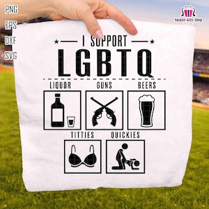 Pode incluir: Saco de mão branco com o texto "I SUPPORT LGBTQ" em letras pretas e em negrito. Abaixo do texto, há seis ícones gráficos pretos que representam licor, armas, cervejas, seios e sexo rápido. O saco é segurado por uma mão.