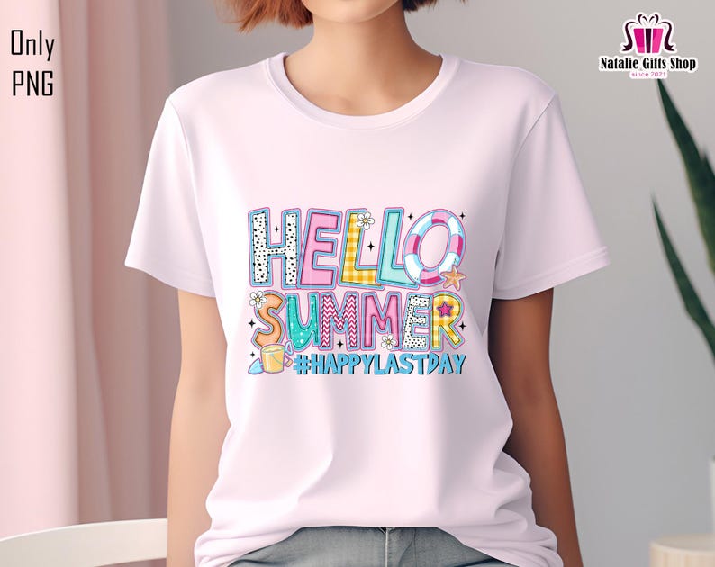 May include: White t-shirt with a colorful graphic design that says "Hello Summer" and "#HappyLastDay".