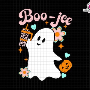 May include: A white ghost holding a pink and orange leopard print cup with a straw. The ghost is surrounded by pink and blue hearts, orange stars, and a pink and blue flower. The text "Boo-jee" is written in pink letters above the ghost.