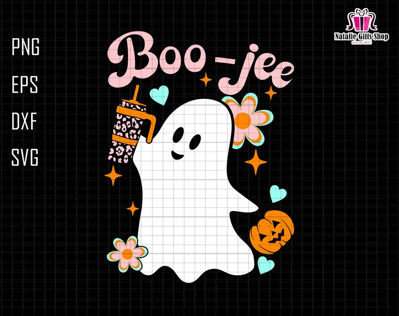 May include: A white ghost holding a pink and orange leopard print cup with a straw. The ghost is surrounded by pink and blue hearts, orange stars, and a pink and blue flower. The text "Boo-jee" is written in pink letters above the ghost.