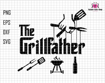 May include: Black and white graphic design with the text "The Grillfather" and images of grilling tools, a grill, and a bottle of beer.