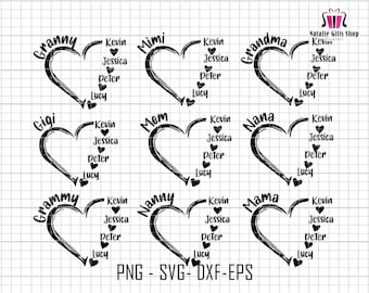 Niestandardowe serce wnuka imię Svg, matka Svg pakiet, spersonalizowana mama Svg, Grammy/ Mimi/ Svg pakiet, babcia koszula Svg, prezent dla mamy Svg