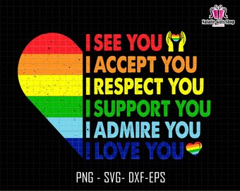 Può includere: Un cuore arcobaleno con il testo "Ti vedo, ti accetto, ti rispetto, ti sostengo, ti ammiro, ti amo".