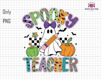 May include: A digital graphic design featuring the text SPOOKY TEACHER in colorful patterned letters. A white ghost with a purple bow holds a yellow pencil, flanked by a green pumpkin and an orange pumpkin, with black bats and a checkered pattern.