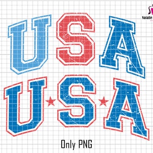 May include: USA graphic with red, white, and blue colors. The letters are in a vintage, distressed style with a white outline. The word "USA" is repeated twice, with the second instance smaller and below the first.