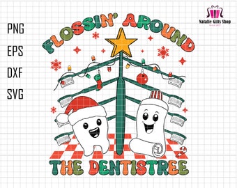 May include: A whimsical Christmas-themed graphic featuring a tooth wearing a Santa hat and a tube of toothpaste, both with smiling faces. The design includes a Christmas tree made of toothbrushes, lights, and ornaments, with the text "FLOSSIN' AROUND THE DENTISTREE".