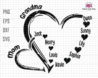 Presente personalizado com nome de criança para vovó Svg, vovó personalizada, nome de criança da mãe png, vovó mãe coração Svg, presente de dia das mães, feliz dia das mães Svg