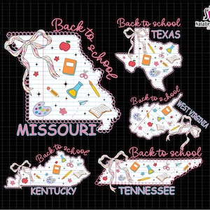 Stato personalizzato per il ritorno a scuola in formato PNG, mappa del Missouri, Texas, USA, stampa a sublimazione, primo giorno di scuola, insegnante femminile in formato PNG, ciao scuola, mappa preppy