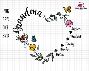 Png de coração de vovó personalizado, nome personalizado de crianças, vovó floral Png, Dia das Mães Png, presente para vovó Png, presente para mamãe, vovó abençoada