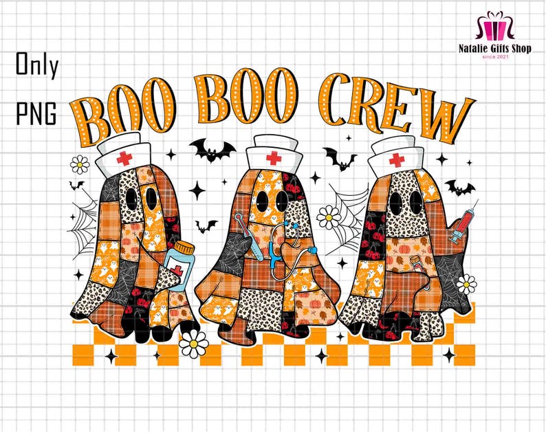 K&ouml;nnte beinhalten: Digitalgrafik mit dem Text "BOO BOO CREW" und drei Geisterfiguren mit Krankenschwesternh&uuml;ten. Die Geister sind im Patchwork-Stil mit orangefarbenen, schwarzen und wei&szlig;en Mustern gehalten und halten medizinische Werkzeuge. Flederm&auml;use und Spinnweben sind ebenfalls enthalten.
