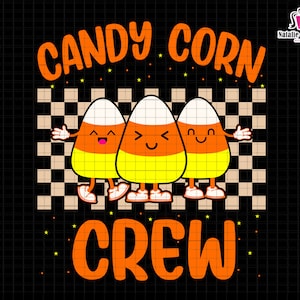 May include: Candy corn crew graphic with three cartoon candy corn characters wearing legs and arms. The candy corn characters are standing on a checkered background with the words "Candy Corn Crew" above them.