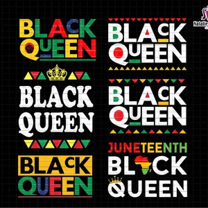 May include: Black Queen graphic design with a red, yellow, green, and black color scheme. The design includes the words "Black Queen" and "Juneteenth" with a crown and an outline of Africa.