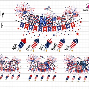 Puede incluir: Un diseño digital con las palabras "Grandma's Firecrackers" en rojo, blanco y azul con un tema patriótico. El diseño incluye fuegos artificiales, estrellas y una pancarta. Los nombres "Colab, Colin, Jessi, Daisy y Jack" también están incluidos en el diseño.