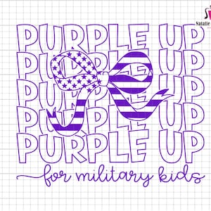 May include: Purple Up for Military Kids text with a purple ribbon with white stars and stripes. The ribbon is tied in a bow.