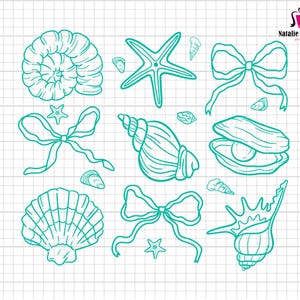 May include: A set of nine teal blue line drawings of seashells, starfish, and bows. The drawings are on a white grid background.