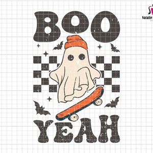 May include: A white ghost wearing an orange beanie is skateboarding with a checkered background. The text "BOO YEAH" is in a distressed font.