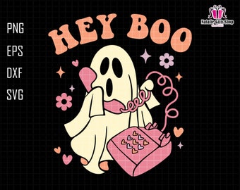 May include: A retro-style graphic featuring a friendly ghost holding a pink telephone. The text "HEY BOO" is in orange bubble letters. The design includes pink hearts, flowers, and stars on a black grid background. The shop name is "Natalie Gifts Shop".