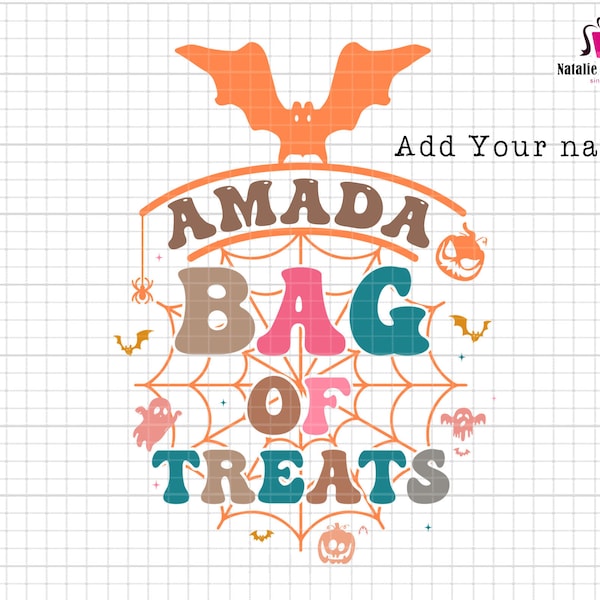 Name Treat Bag Svg, Treats bag Svg, Custom Kids Name Svg, Trick or Treat Svg, Bag of Treats Svg, Custom Halloween Svg, Retro Halloween Svg