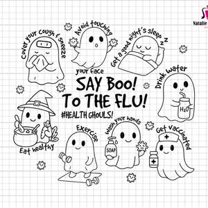 Könnte beinhalten: Schwarz-weiße Grafik mit Geisterillustrationen und Gesundheitstipps. Der Text enthält "SAY BOO! TO THE FLU!" und Ratschläge wie "Husten & Niesen bedecken" und "Sich impfen lassen".