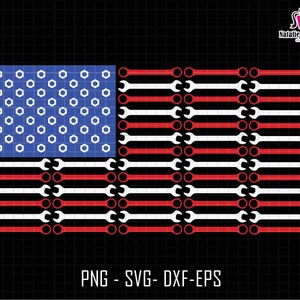 May include: An American flag design made of wrenches. The blue field features white hex nuts, and the stripes are composed of red and white wrenches. The image includes the text "PNG - SVG - DXF - EPS".