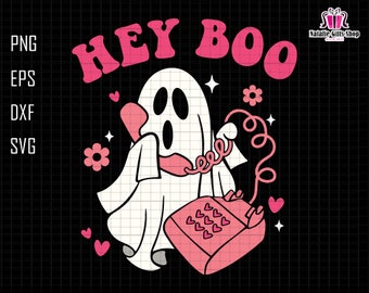 Hey Boo Svg, Retro Halloween Svg, Pink Ghost Svg, Ghost Love, Spooky Season Svg, Halloween Svg, Halloween Shirt Svg, Ghost Answers The Phone