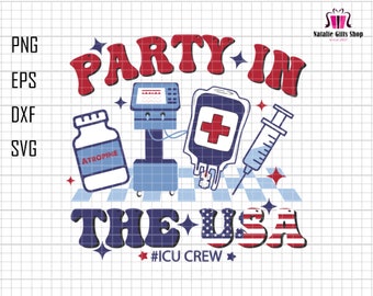 May include: A graphic design with the text "PARTY IN THE USA" in red and blue, featuring medical equipment illustrations. Includes a bottle labeled "ATROPINE", an IV bag, and a syringe. The design also includes the hashtag "#ICU CREW".