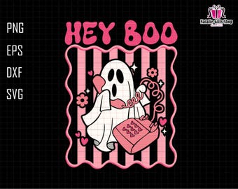 May include: A white ghost holding a pink telephone with the words "HEY BOO" in pink bubble letters. The ghost is inside a pink and white striped frame with pink hearts and flowers.