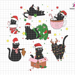黒猫のクリスマス SVG、クリスマス猫 SVG、メリークリスマス SVG、猫好き、ニャークリスマス SVG、クリスマス隊、デジタルインスタントダウンロード