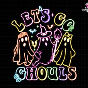 以下が含まれることがあります： 「Let's Go Ghouls」の文字と、お化け、コウモリ、魔女の帽子をあしらったネオン風グラフィック。黄色、ピンク、紫、緑などの明るい色を使用しており、ハロウィーンに最適です。