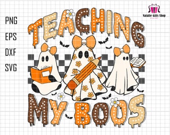 May include: Orange, brown, and white polka dot graphic with the text "TEACHING MY BOOS" and three ghosts. One ghost is holding a book, another is holding a pencil, and the third ghost has a bow on its head.