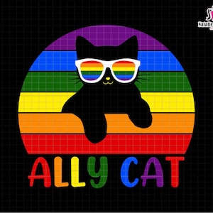 May include: A black cat wearing rainbow sunglasses sits in front of a rainbow-coloured sunset with the text "ALLY CAT" below.