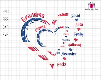 Benutzerdefinierte Vaterland svg, benutzerdefinierte Herz-Enkelkindname, 4.Juli-Svg, personalisierte Mama-Svg, amerikanische Flaggen-Svg, Oma-Svg, amerikanische Mama-Svg