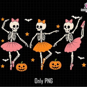 Puede incluir: Gráfico de Halloween con tres bailarinas esqueleto con tutús rosas y naranjas, cada una con un lazo. También se incluyen calabazas, murciélagos y estrellas en el diseño. El texto "Only PNG" está en la parte inferior.