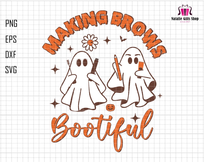 May include: Orange and white Halloween-themed design with two ghosts holding makeup brushes and the text "Making Brows Bootiful".