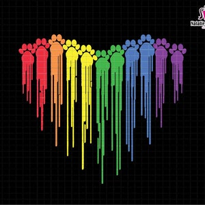 May include: Rainbow colored paw prints dripping down in a heart shape. The paw prints are red, orange, yellow, green, blue, indigo, and violet.