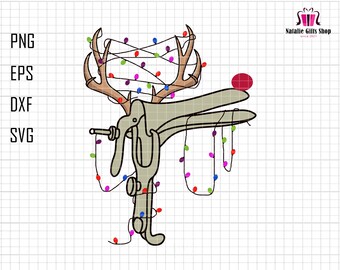 May include: A humorous Christmas-themed graphic featuring a medical speculum decorated as a reindeer with antlers and colorful Christmas lights. The image includes the text "PNG, EPS, DXF, SVG" and the shop name "Natalie Gifts Shop since 2021".