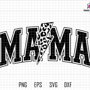 Może przedstawiać: Czarno-biały projekt graficzny słowa "MAMA" z błyskawicą w nadruku lamparta w środku.