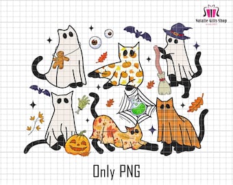 Svart katt Halloween png, spökkatt png, halloween png, halloween kattskjorta, höst png, retro halloween png, läskig säsong png, rolig halloween