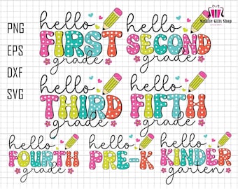 Hello Grade Svg Bundle, Back To School Svg Bundle, Hello Kindergarten Svg Png, Retro Teacher Svg, 1st Day Of School Svg, Dalmatian Dots
