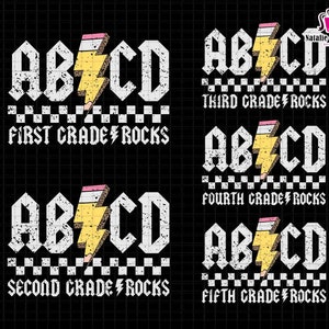 Back to School Svg Bundle, ABCD Grade Rock Svg, First Day of School, Retro Teacher, RocknRoll Teacher, Alphabets Svg, Pencil Lightening Bolt
