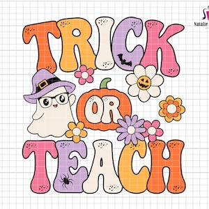 Trick or Teach SVG, Halloween Teacher Svg, Teacher Gift, Retro Halloween Shirt, Svg Files For Cricut, Spooky Teacher Shirt, Ghost Nerd Svg