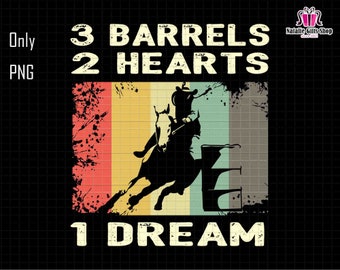 Op de afbeelding: Een vintage-stijl grafische afbeelding met een silhouet van een persoon die een paard over een vat rijdt. De tekst luidt "3 Barrels 2 Hearts 1 Dream".