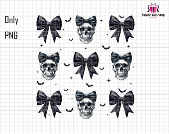 Retro negro coqueta arco cráneo png, vibraciones espeluznantes png, sublimación de arco de coqueta de Halloween, esqueleto png, cráneo de Halloween png, truco o trato