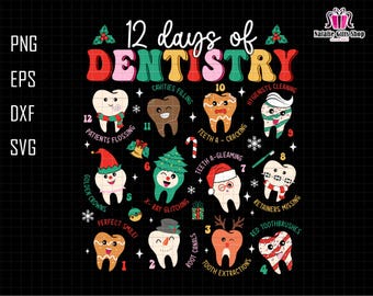 May include: A black graphic featuring the text "12 Days of Dentistry" with cartoon teeth in festive attire. The design includes various dental-themed elements and text such as "Golden Crowns" and "Perfect Smile!"