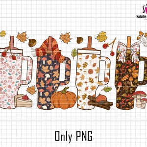 Puede incluir: Una ilustraci&oacute;n digital que muestra cuatro vasos con asas, cada uno decorado con patrones de tem&aacute;tica oto&ntilde;al que incluyen hojas de oto&ntilde;o, calabazas, setas y bufandas de cuadros, acompa&ntilde;ados de casta&ntilde;as, bayas y un trozo de pastel.